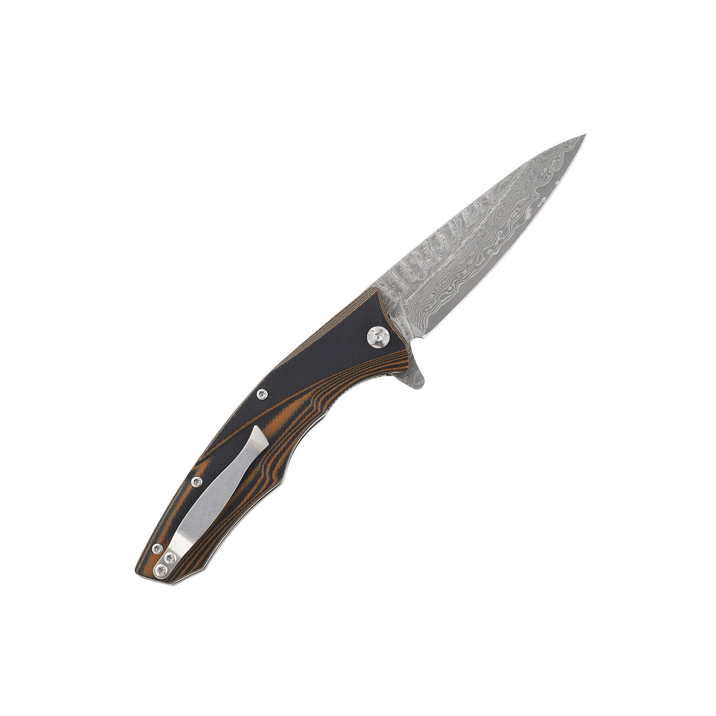 Folding knife Lazer from Mavik Gear with extra-long drop point blade, ergonomic textured G10 handle, and silver pocket clip.