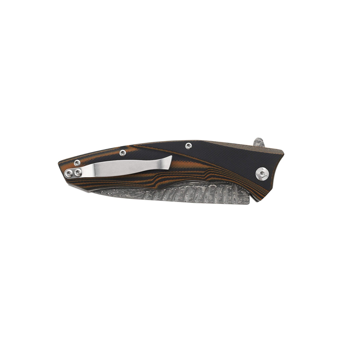 Folding knife Lazer from Mavik Gear with extra-long drop point blade, ergonomic textured G10 handle, and silver pocket clip.