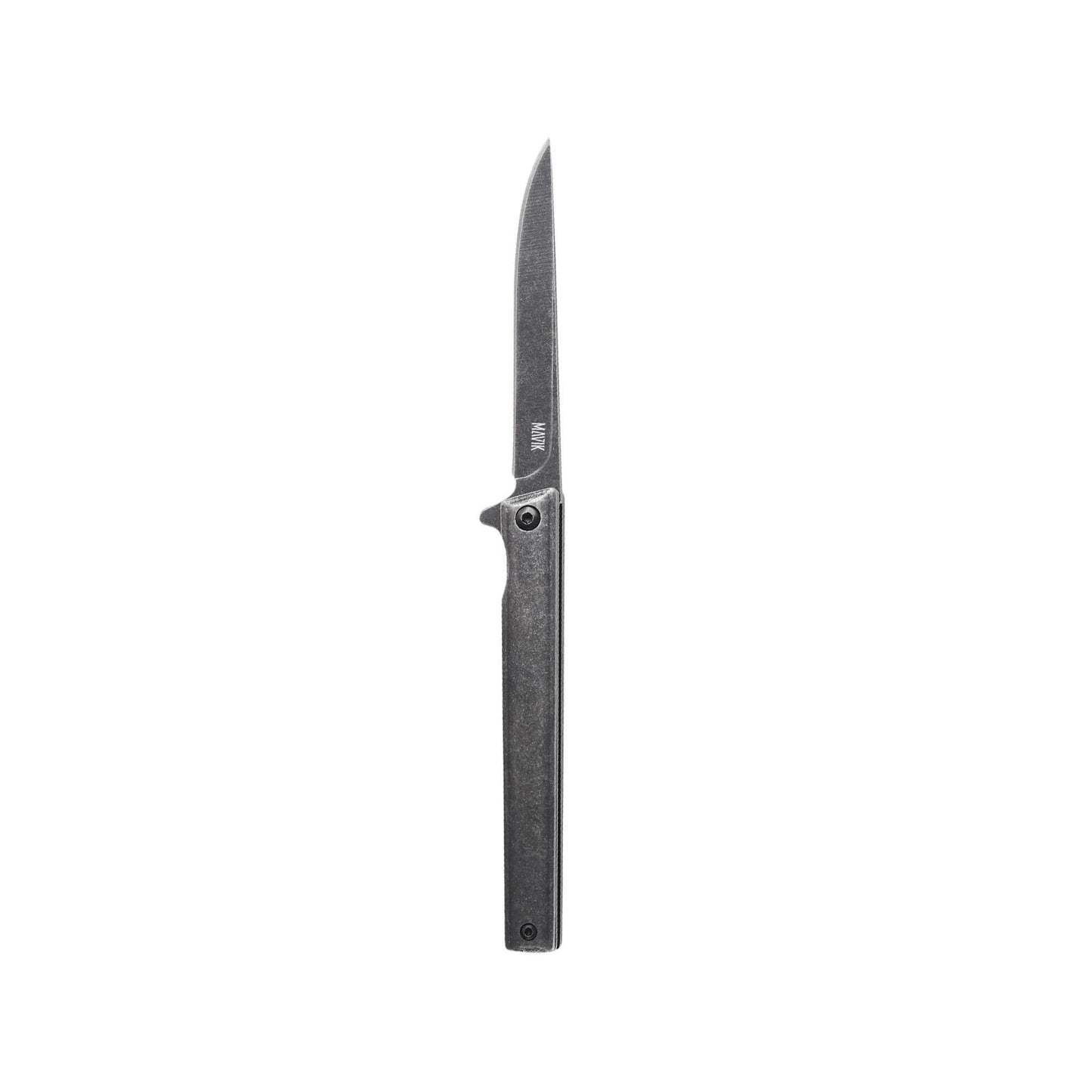 Folding knife Limer from Mavik Gear with drop point blade, stonewashed handle, pocket clip, and leather pouch.