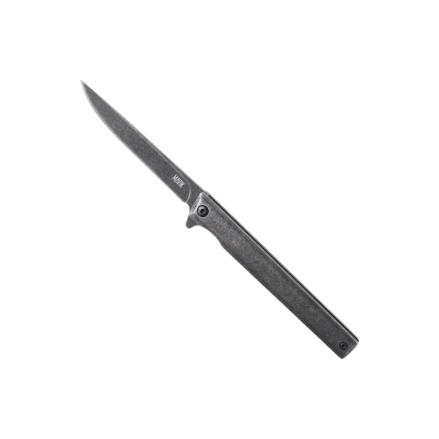 Folding knife Limer from Mavik Gear with drop point blade, stonewashed handle, pocket clip, and leather pouch.