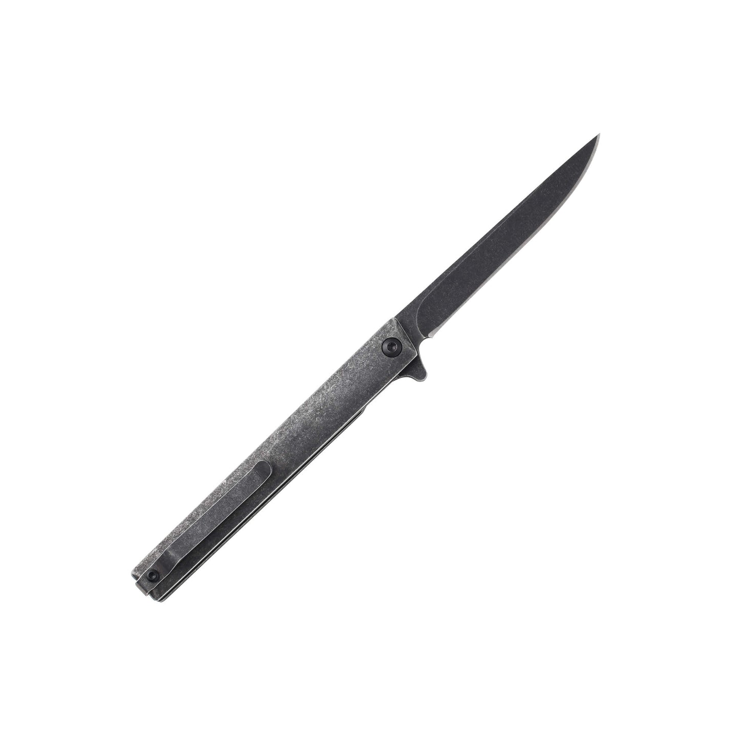 Folding knife Limer from Mavik Gear with drop point blade, stonewashed handle, pocket clip, and leather pouch.