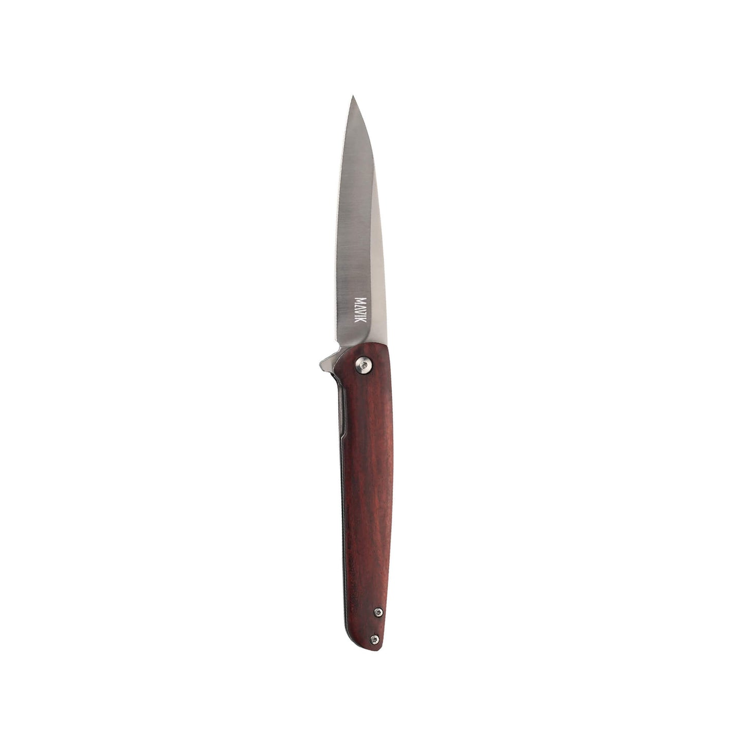 Folding EDC and hunting knife Oedipus from Mavik Gear with 5Cr13 steel drop point blade, Pear wood handle, and pocket clip.