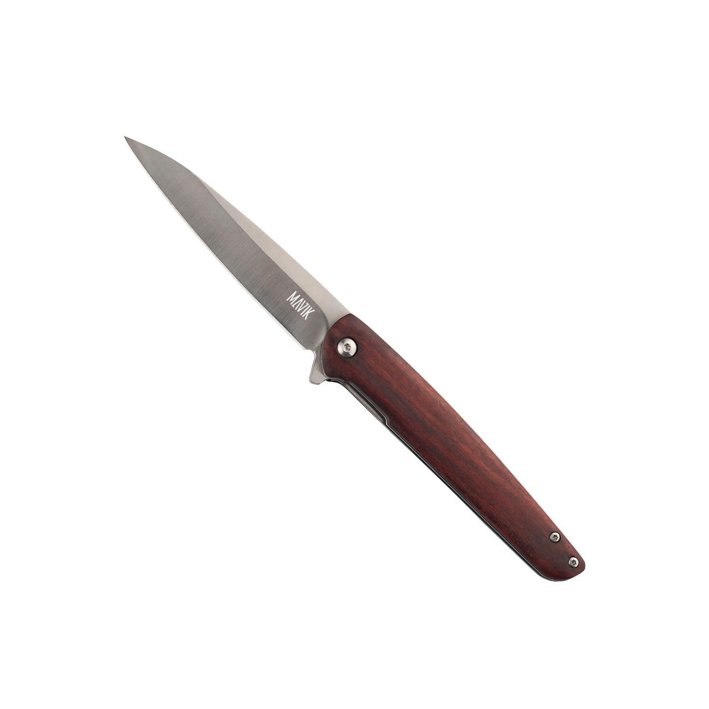 Folding EDC and hunting knife Oedipus from Mavik Gear with 5Cr13 steel drop point blade, Pear wood handle, and pocket clip.