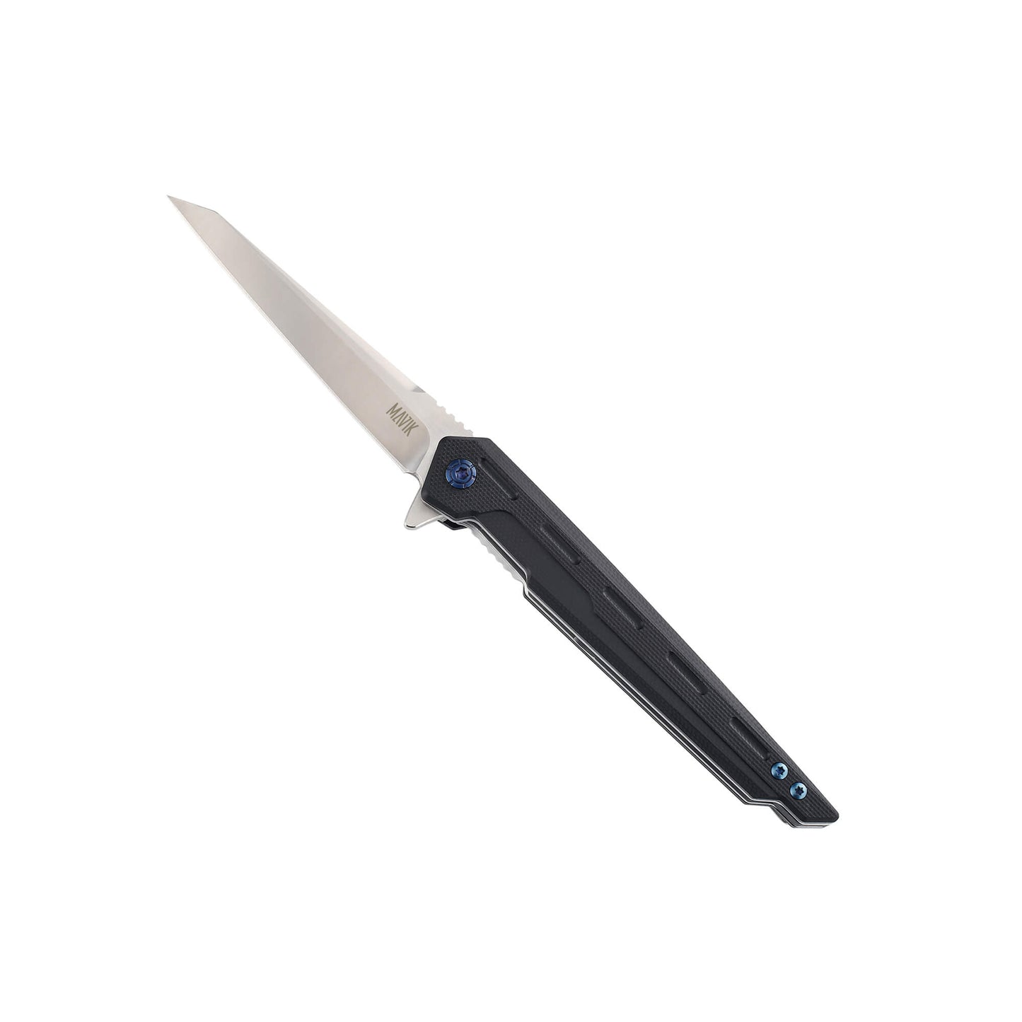 Folding EDC knife Poliser from Mavik Gear with D2 steel drop point blade, black G10 non-slip handle, and pocket clip.