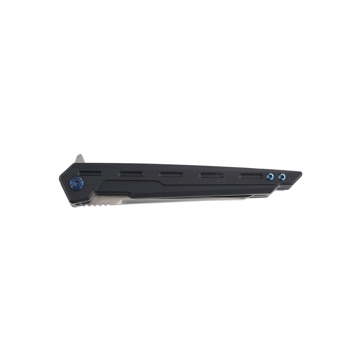 Folding EDC knife Poliser from Mavik Gear with D2 steel drop point blade, black G10 non-slip handle, and pocket clip.