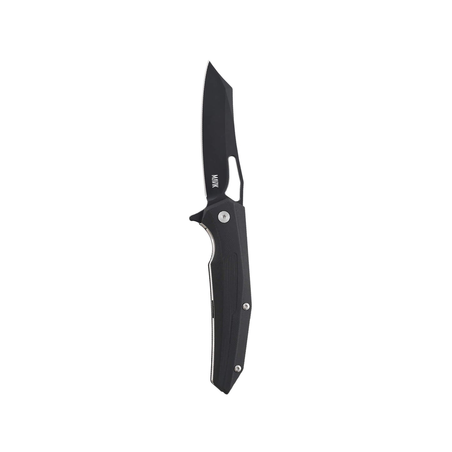 Folding EDC knife Pover from Mavik Gear with D2 steel clip point blade, black G10 non-slip handle, and pocket clip.