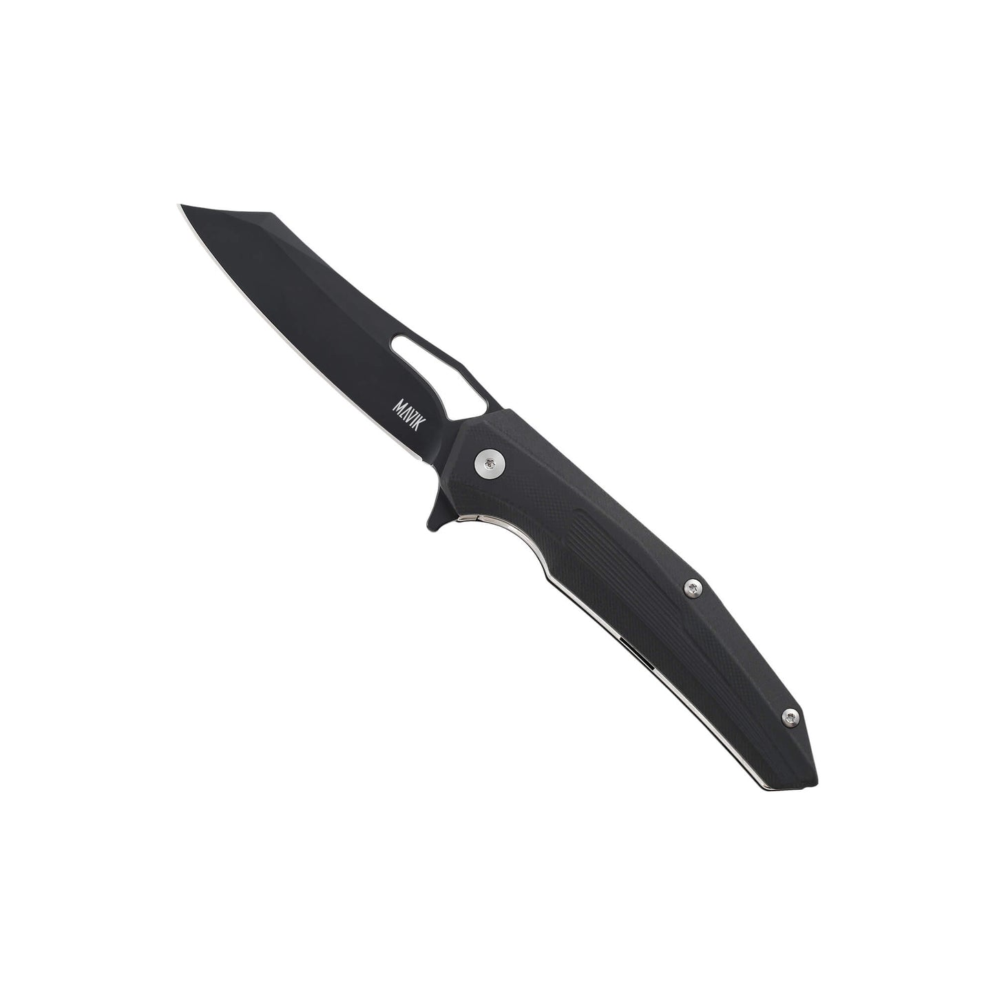 Folding EDC knife Pover from Mavik Gear with D2 steel clip point blade, black G10 non-slip handle, and pocket clip.