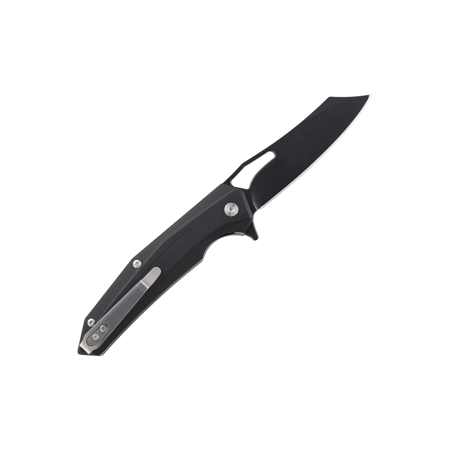 Folding EDC knife Pover from Mavik Gear with D2 steel clip point blade, black G10 non-slip handle, and pocket clip.