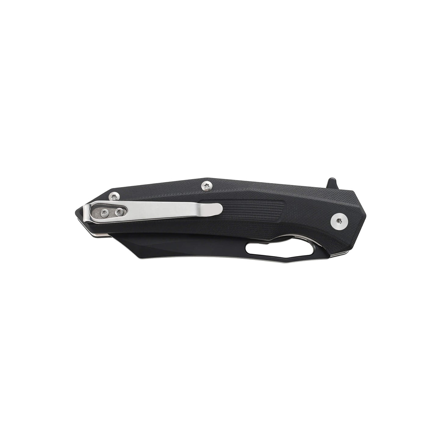 Folding EDC knife Pover from Mavik Gear with D2 steel clip point blade, black G10 non-slip handle, and pocket clip.