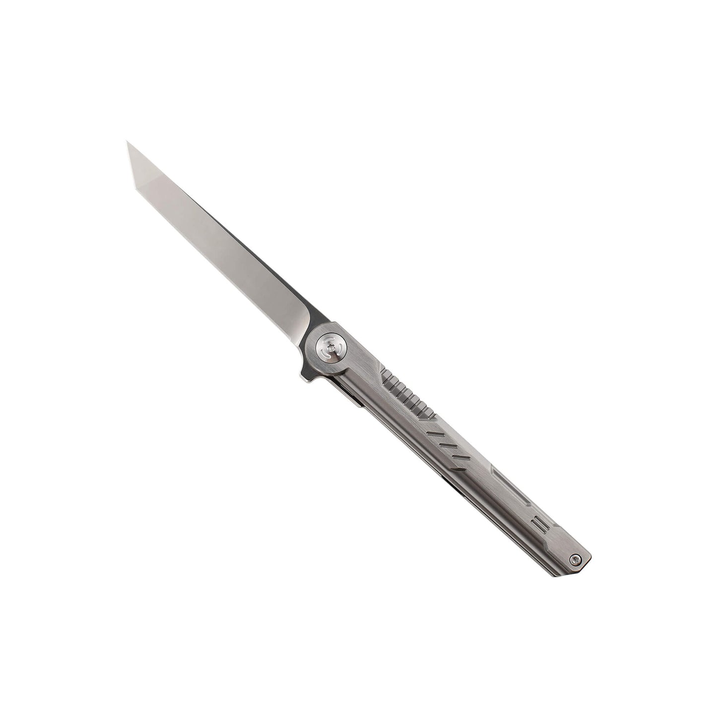 Metalic folding EDC knife Rager from Mavik Gear with M390 steel american tanto blade, Titanium Alloy handle, and pocket clip.