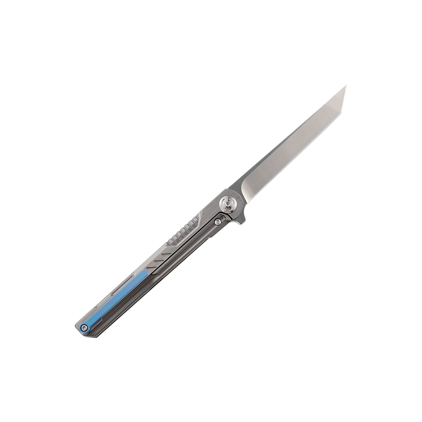 Metalic folding EDC knife Rager from Mavik Gear with M390 steel american tanto blade, Titanium Alloy handle, and pocket clip.