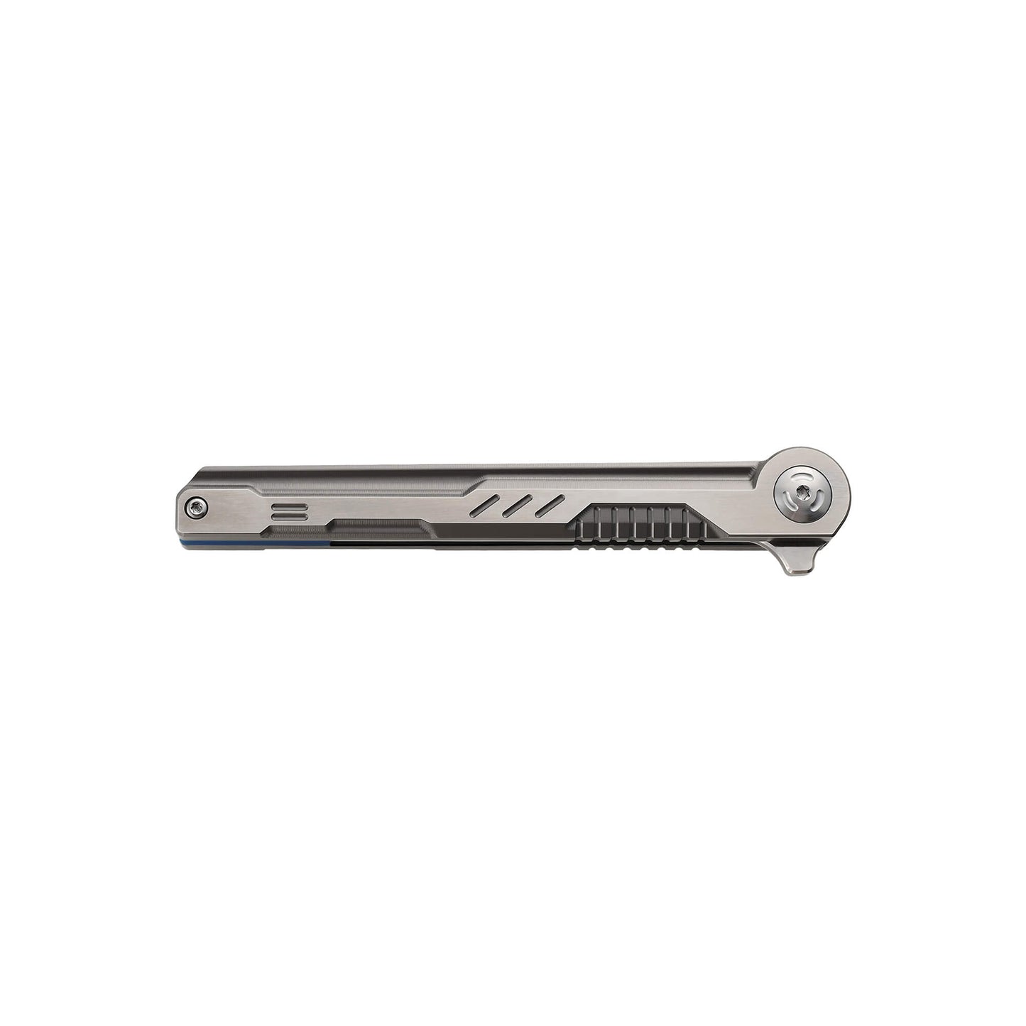 Metalic folding EDC knife Rager from Mavik Gear with M390 steel american tanto blade, Titanium Alloy handle, and pocket clip.