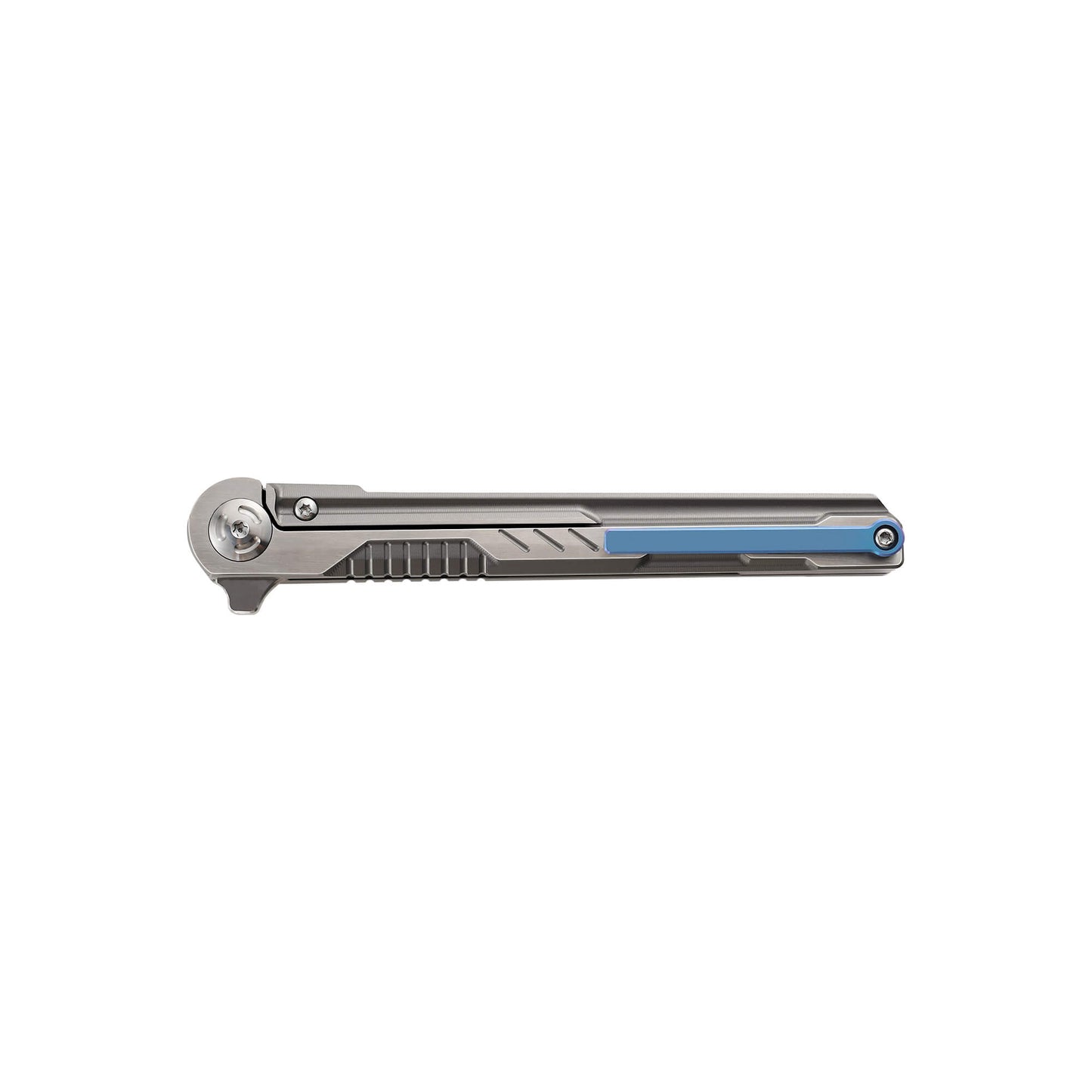 Metalic folding EDC knife Rager from Mavik Gear with M390 steel american tanto blade, Titanium Alloy handle, and pocket clip.