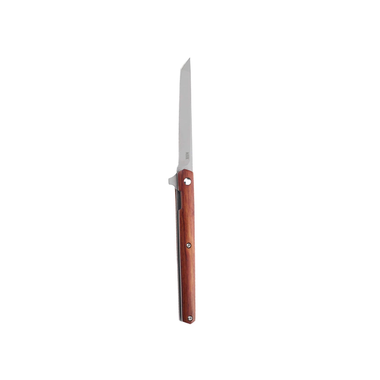 Folding EDC knife Sera from Mavik Gear with 440C steel american tanto blade, wood handle, and flipper opening.