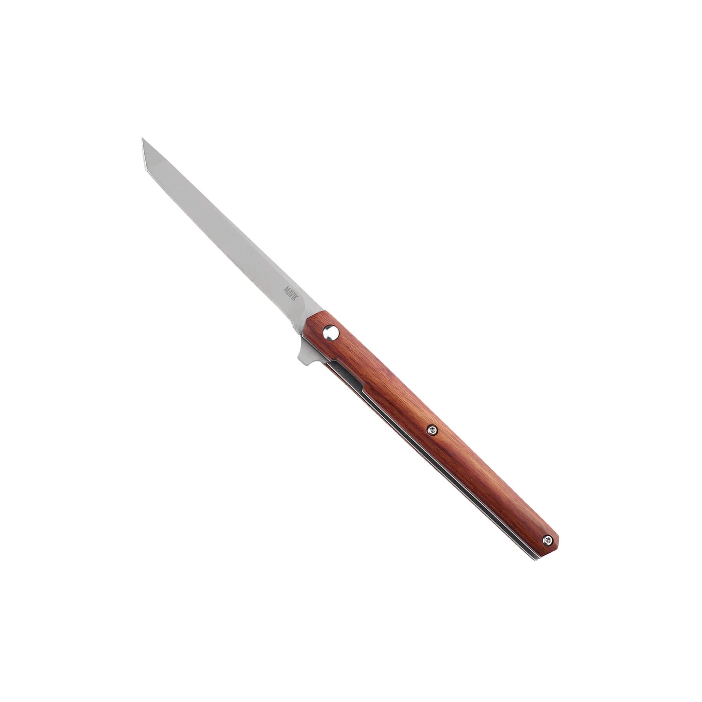 Folding EDC knife Sera from Mavik Gear with 440C steel american tanto blade, wood handle, and flipper opening.