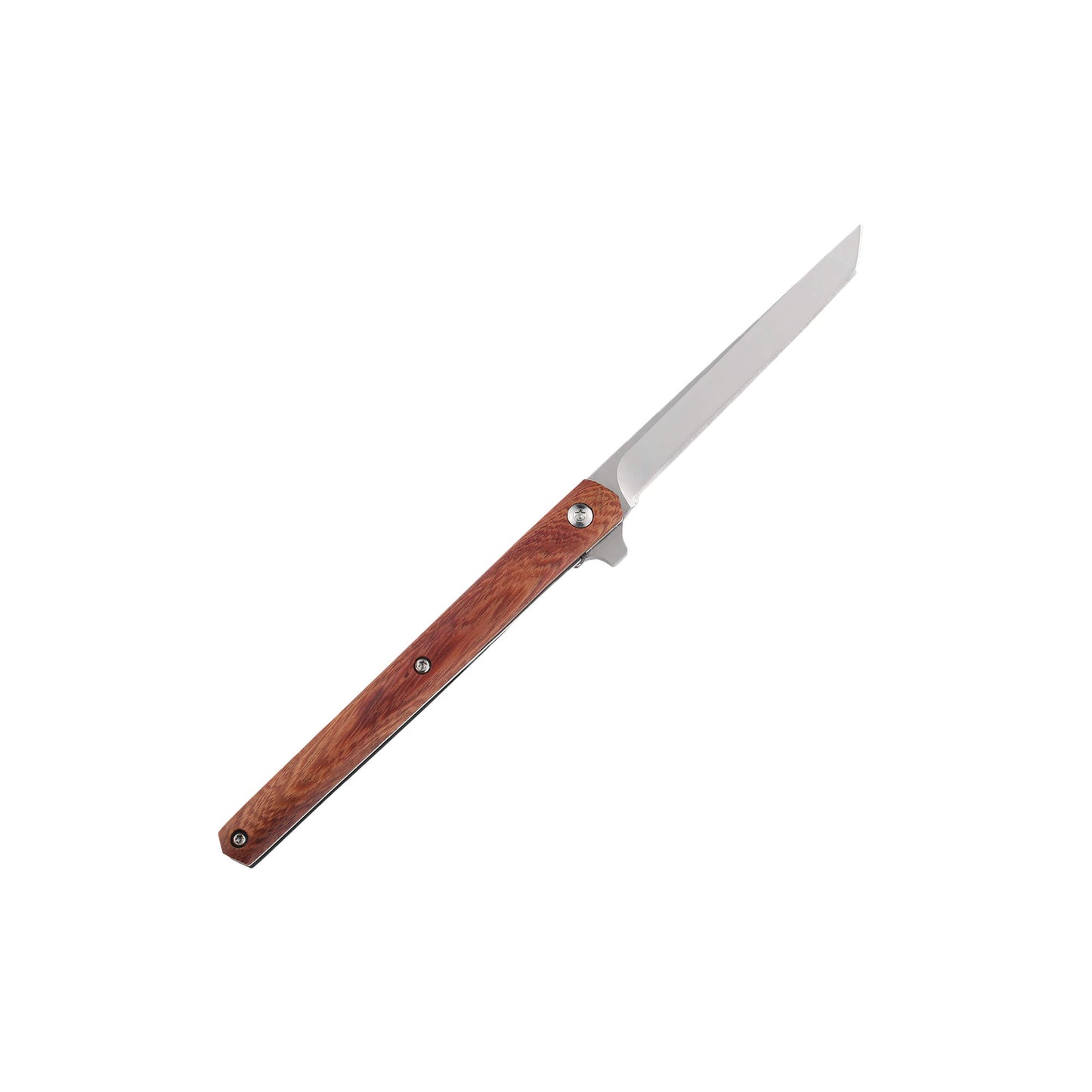 Folding EDC knife Sera from Mavik Gear with 440C steel american tanto blade, wood handle, and flipper opening.