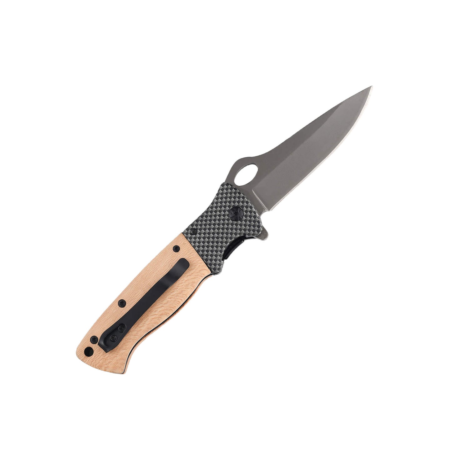 Folding knife Slacker from Mavik Gear with 440C gray steel drop point blade, wood handle, lanyard hole and hip clip.