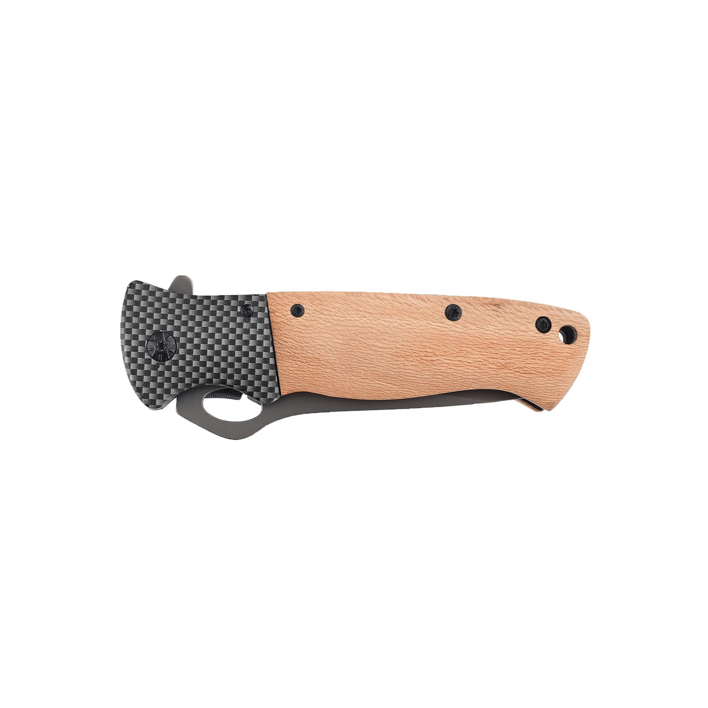 Folding knife Slacker from Mavik Gear with 440C gray steel drop point blade, wood handle, lanyard hole and hip clip.
