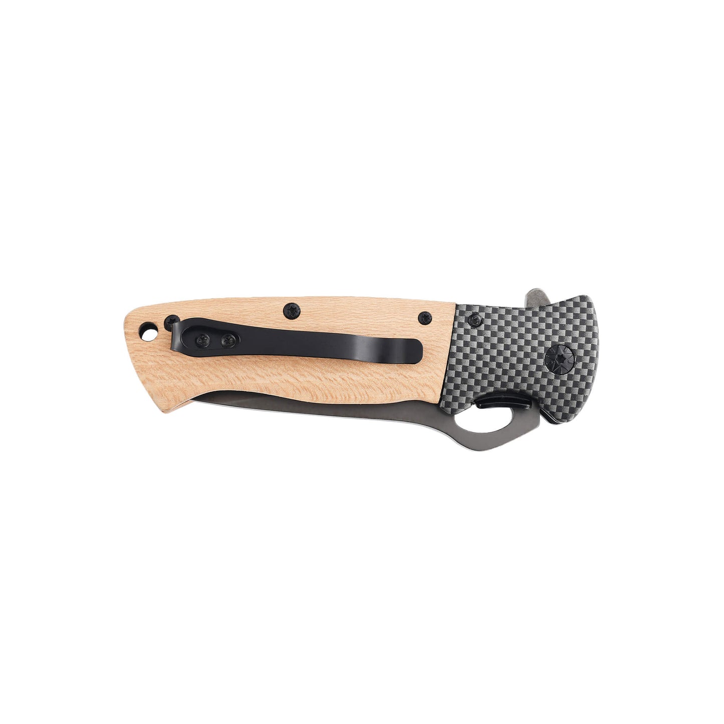 Folding knife Slacker from Mavik Gear with 440C gray steel drop point blade, wood handle, lanyard hole and hip clip.