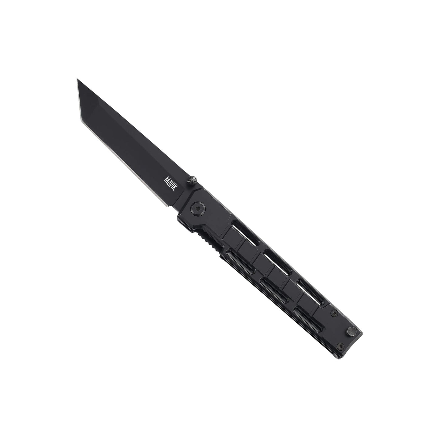 Folding EDC knife Sling Reap from Mavik Gear with 440C steel american tanto blade, aluminum alloy handle, and hip clip.