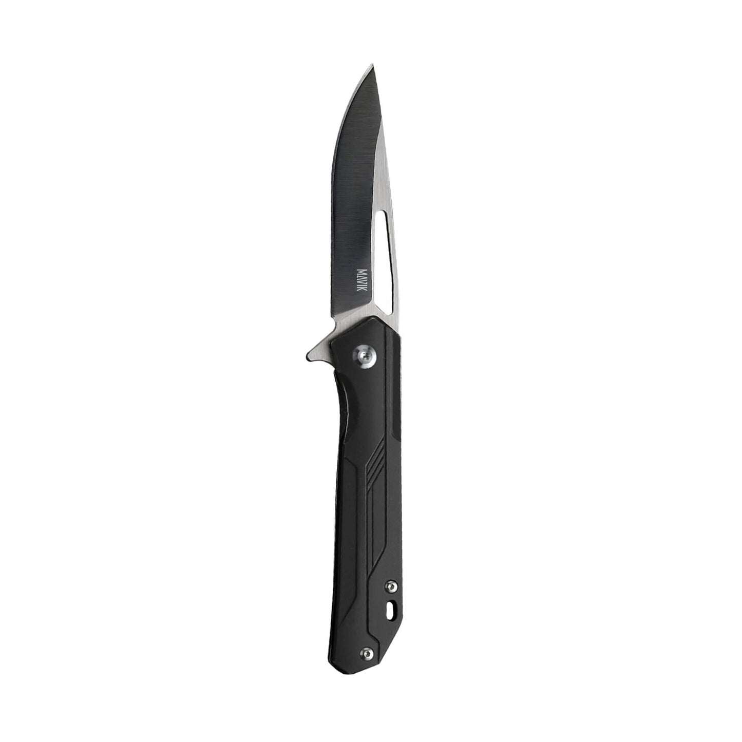 Folding camping knife Solem from Mavik Gear with D2 drop point blade, Aluminum Alloy handle, pocket clip, and lanyard hole.