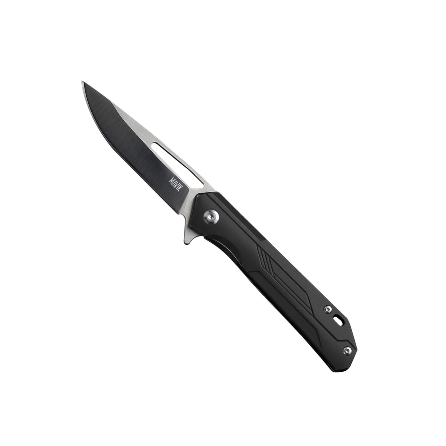 Folding camping knife Solem from Mavik Gear with D2 drop point blade, Aluminum Alloy handle, pocket clip, and lanyard hole.