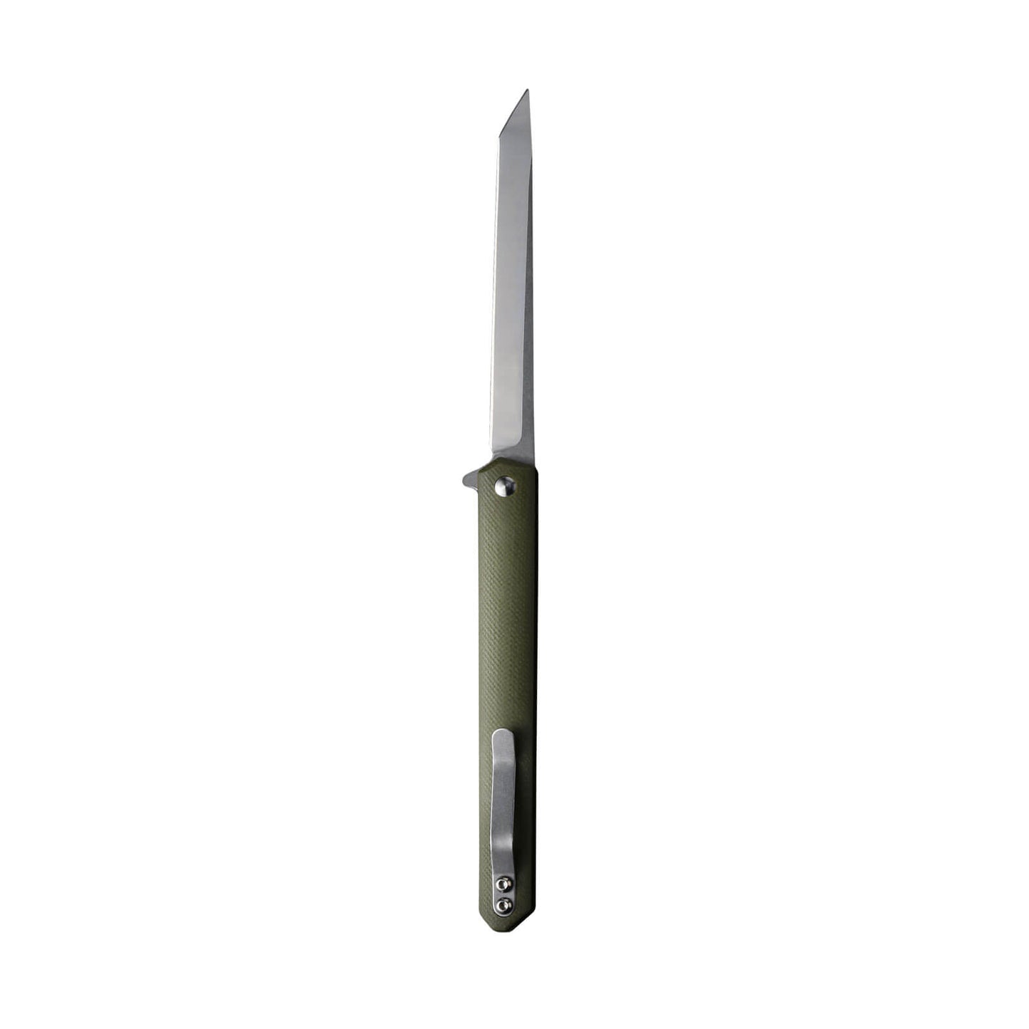 Folding knife Tamer from Mavik Gear with american tanto D2 Steel blade, green anti-slip G10 handle, and pocket clip.
