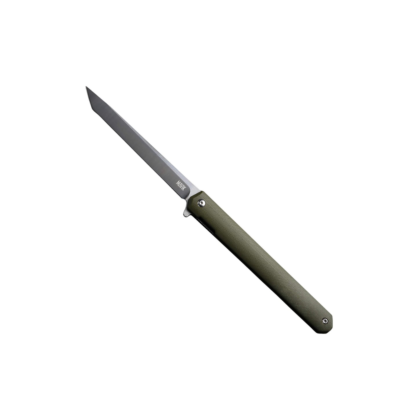 Folding knife Tamer from Mavik Gear with american tanto D2 Steel blade, green anti-slip G10 handle, and pocket clip.