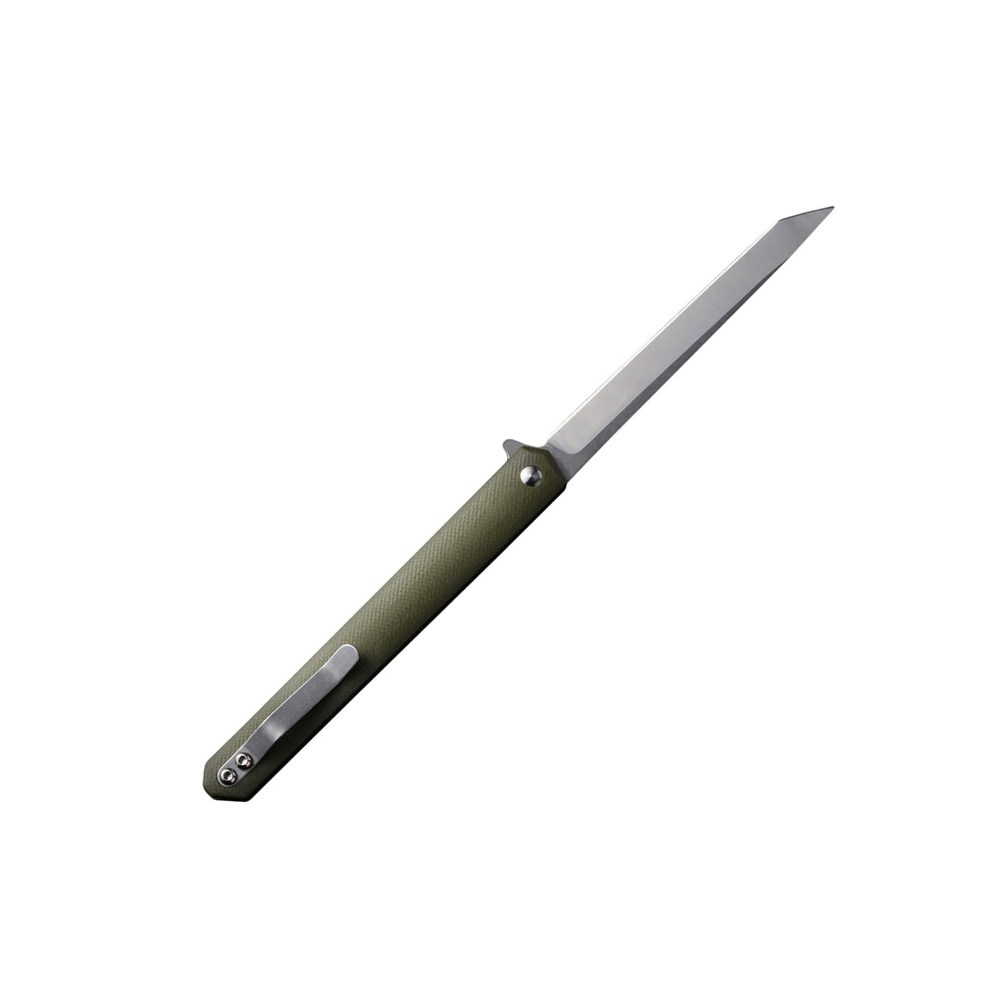 Folding knife Tamer from Mavik Gear with american tanto D2 Steel blade, green anti-slip G10 handle, and pocket clip.