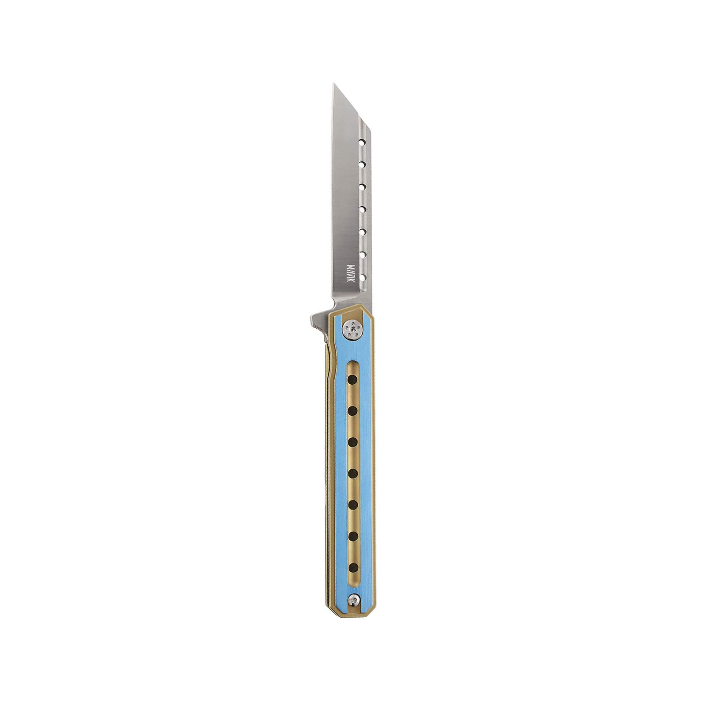 Gold folding knife Torn from Mavik Gear with D2 steel Sheep's Foot blade, titanium alloy handle, and hip clip.