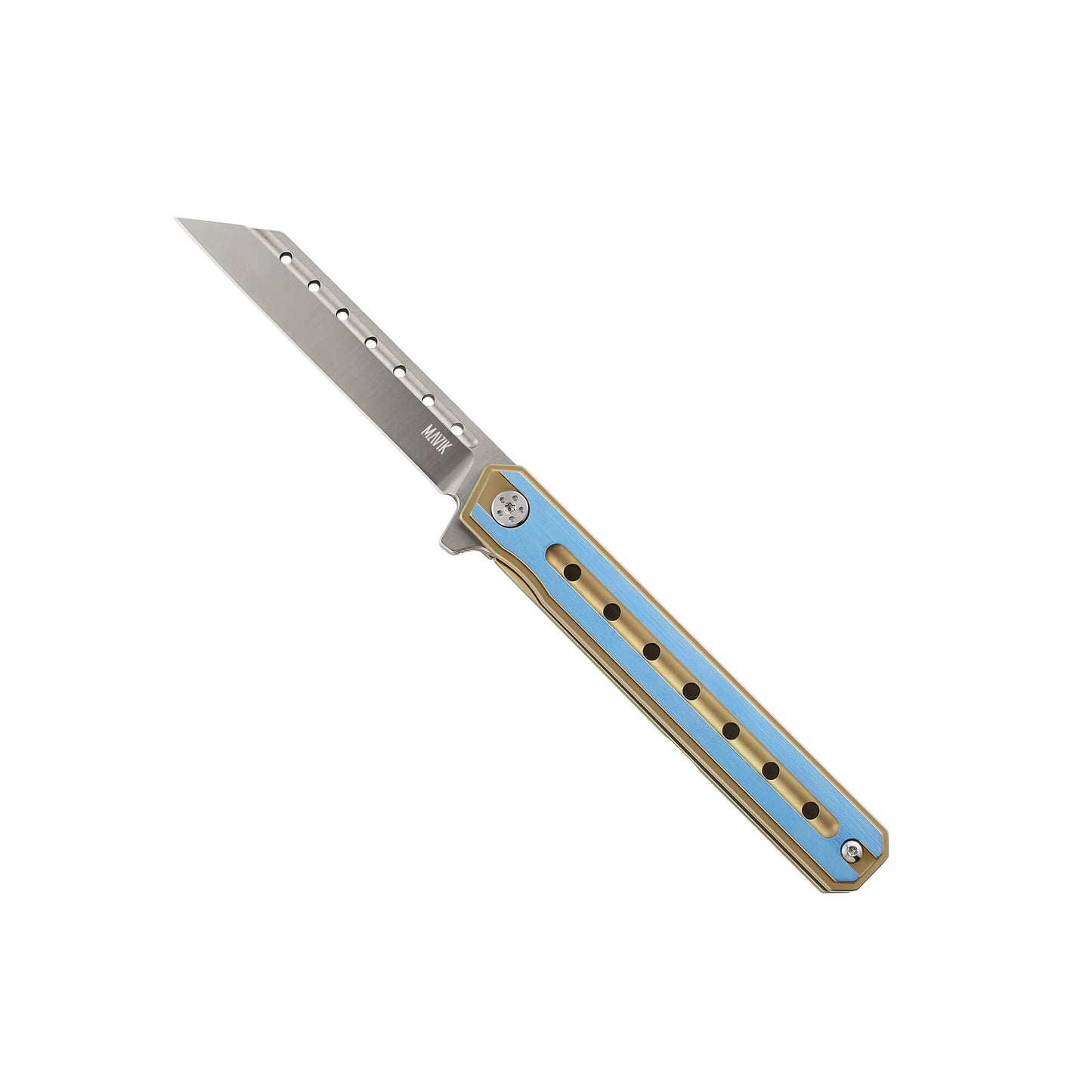 Gold folding knife Torn from Mavik Gear with D2 steel Sheep's Foot blade, titanium alloy handle, and hip clip.