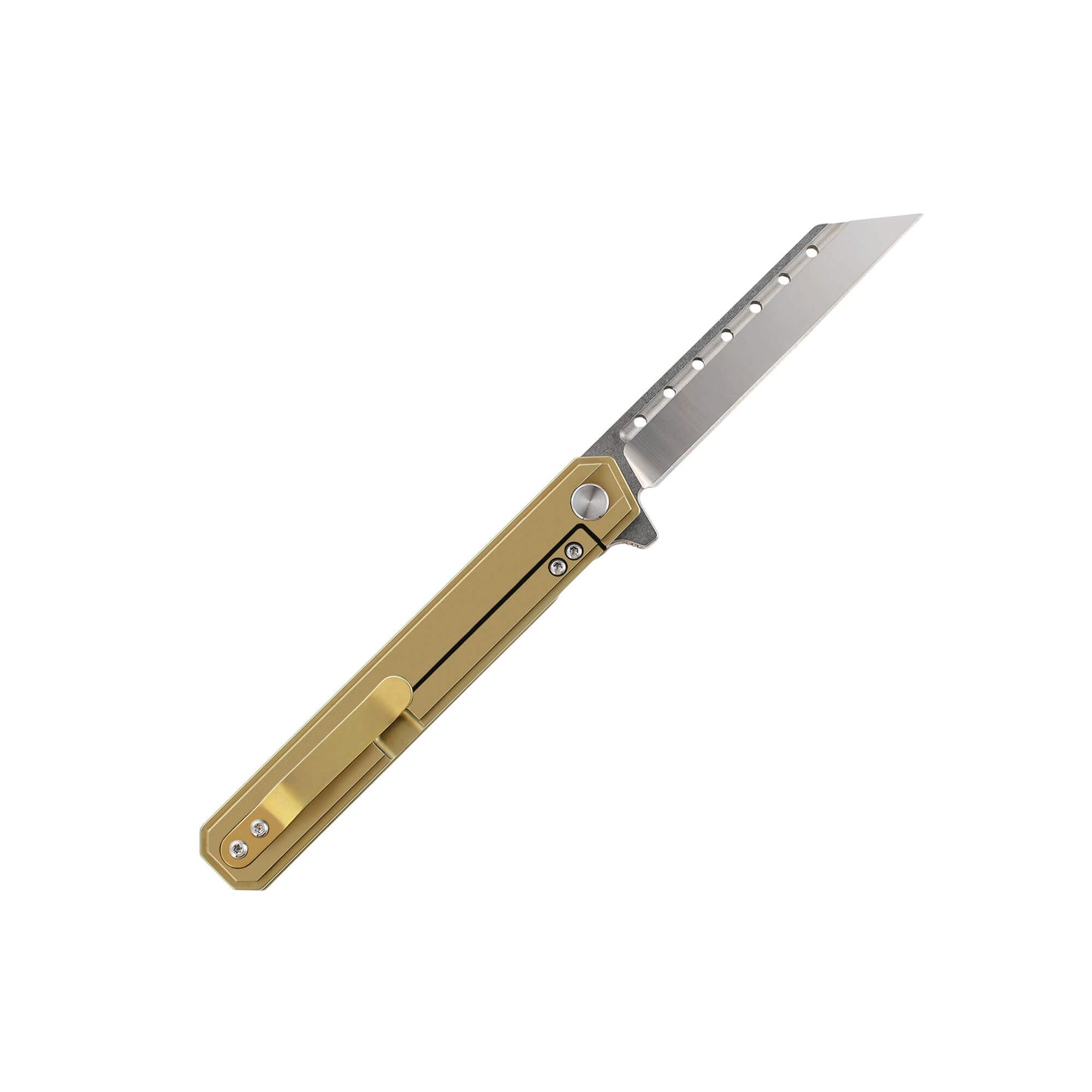 Gold folding knife Torn from Mavik Gear with D2 steel Sheep's Foot blade, titanium alloy handle, and hip clip.