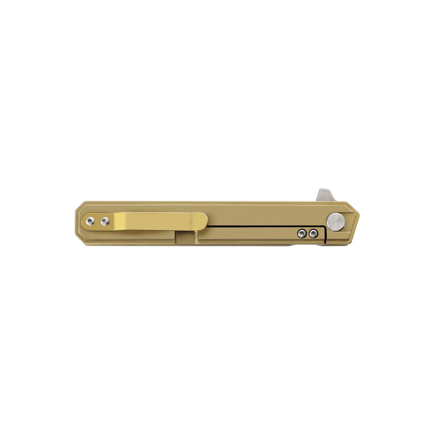 Gold folding knife Torn from Mavik Gear with D2 steel Sheep's Foot blade, titanium alloy handle, and hip clip.