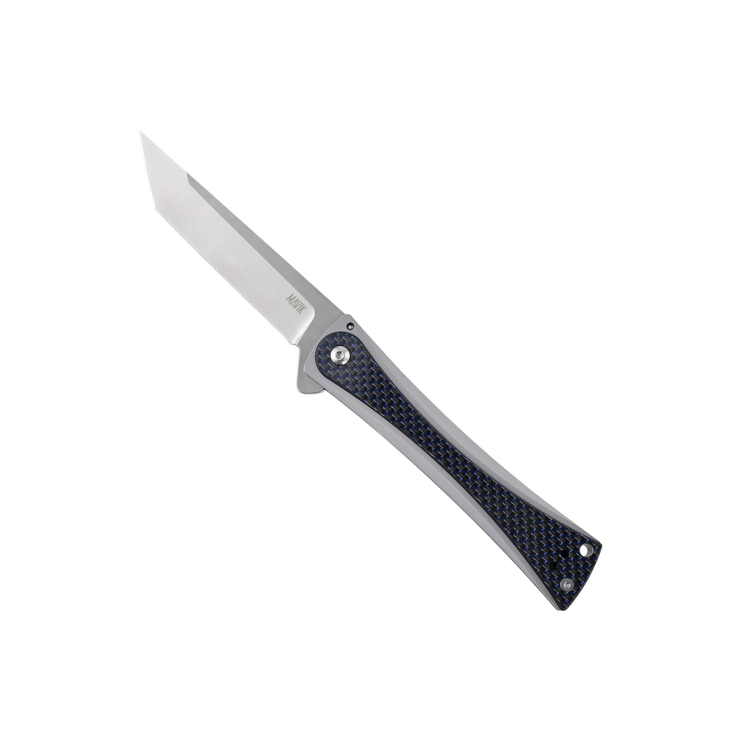 Folding knife Tribe from Mavik Gear with american tanto blade, Carbon Fiber and Steel handle, lanyard hole and hip clip.