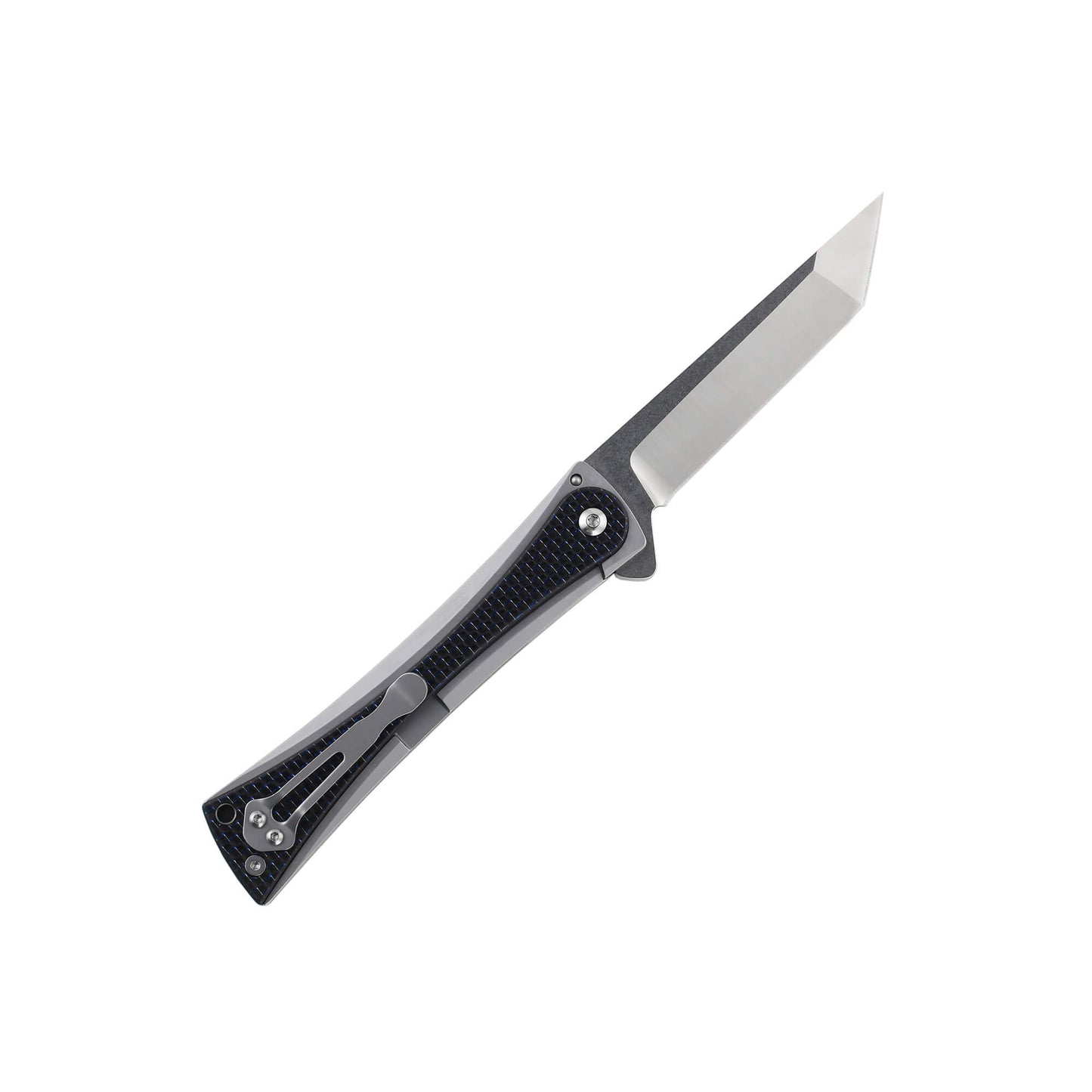 Folding knife Tribe from Mavik Gear with american tanto blade, Carbon Fiber and Steel handle, lanyard hole and hip clip.