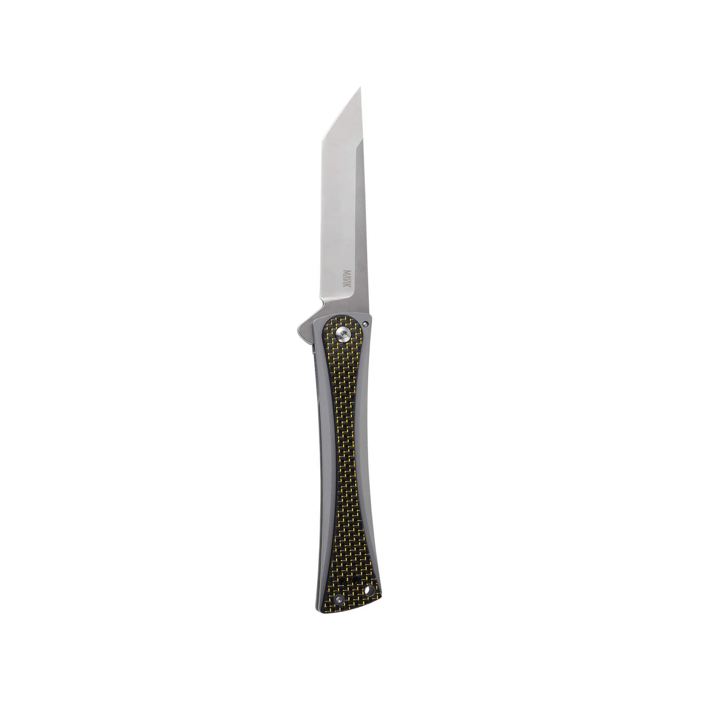 Folding knife Tribe from Mavik Gear with american tanto blade, Carbon Fiber and Steel handle, lanyard hole and hip clip.