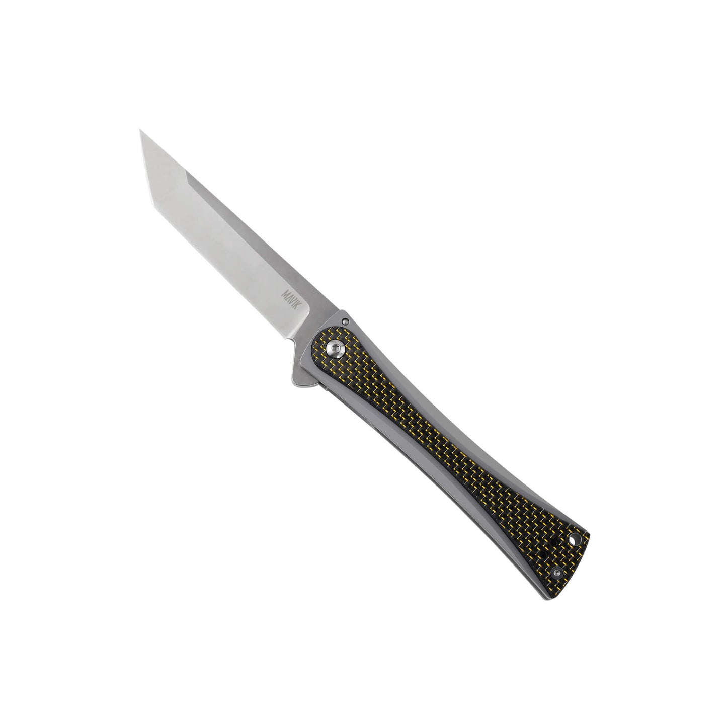 Folding knife Tribe from Mavik Gear with american tanto blade, Carbon Fiber and Steel handle, lanyard hole and hip clip.
