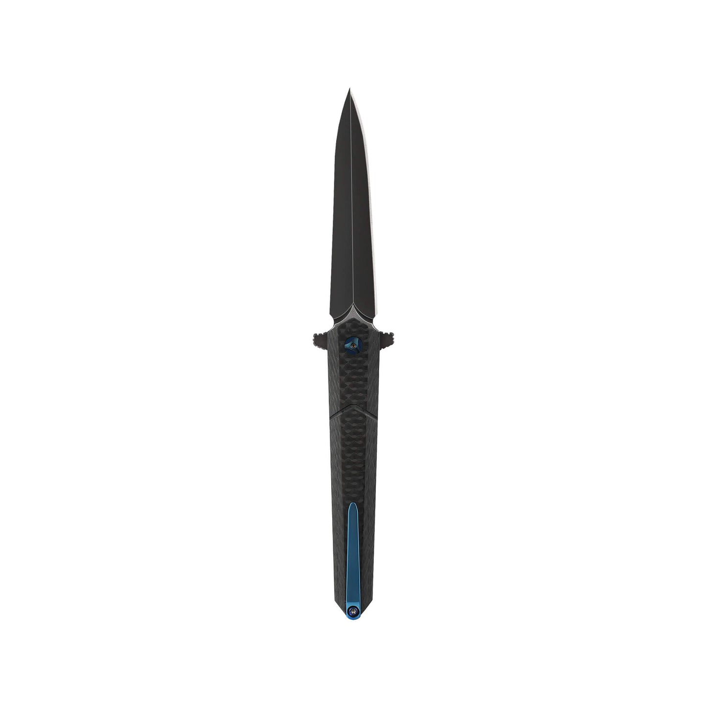 Black folding knife Trom from Mavik Gear with spear point D2 steel blade, Carbon Fiber handle, and hip clip.