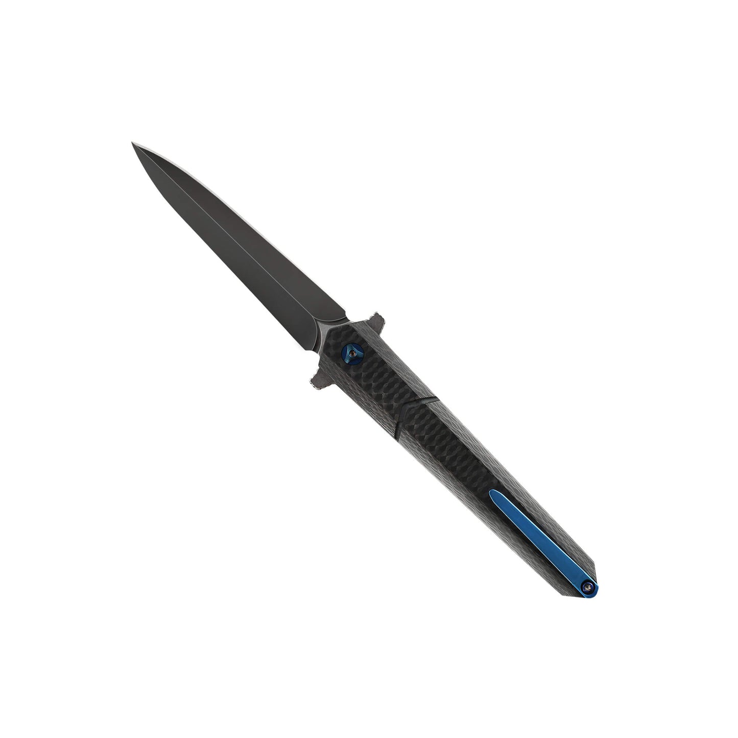 Black folding knife Trom from Mavik Gear with spear point D2 steel blade, Carbon Fiber handle, and hip clip.