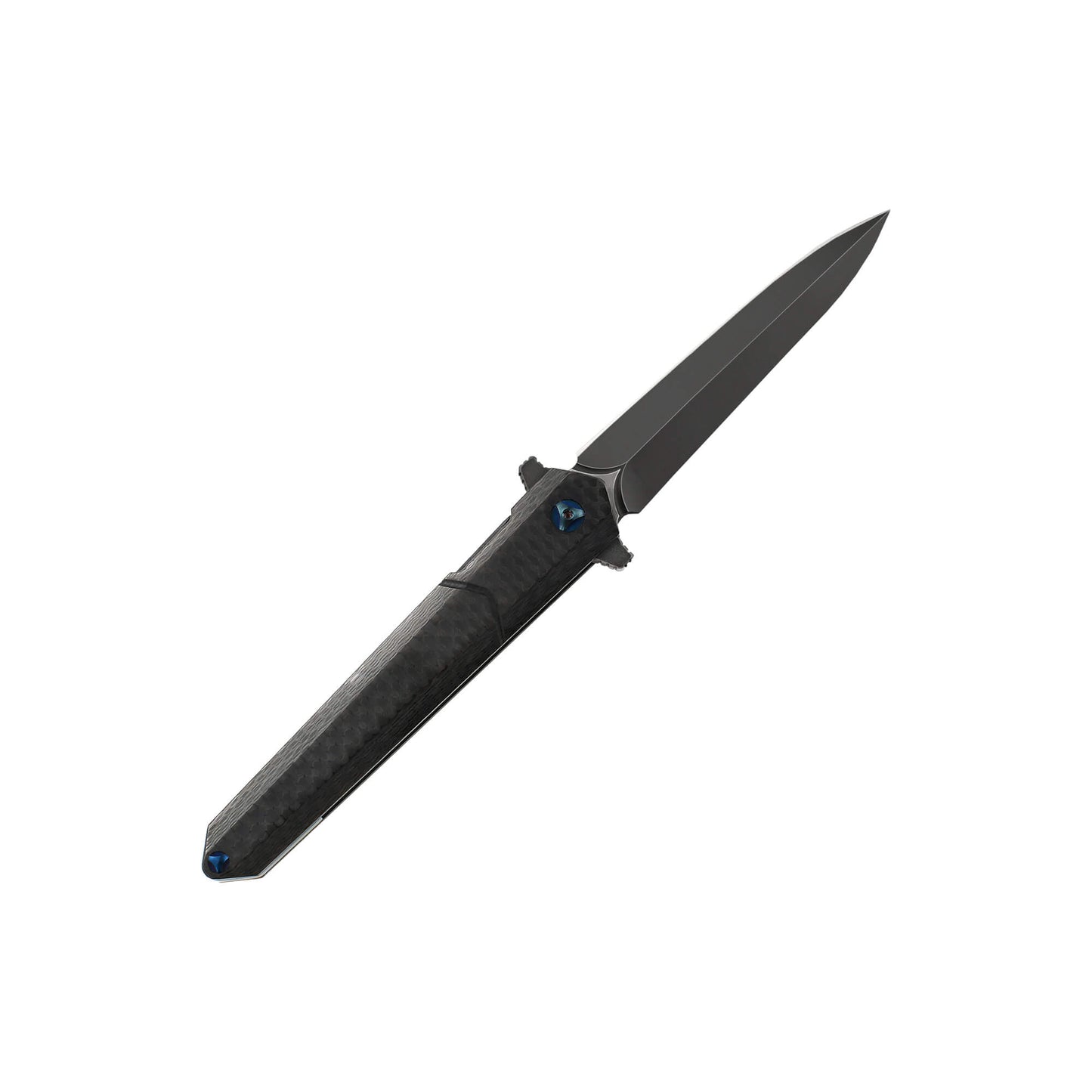 Black folding knife Trom from Mavik Gear with spear point D2 steel blade, Carbon Fiber handle, and hip clip.