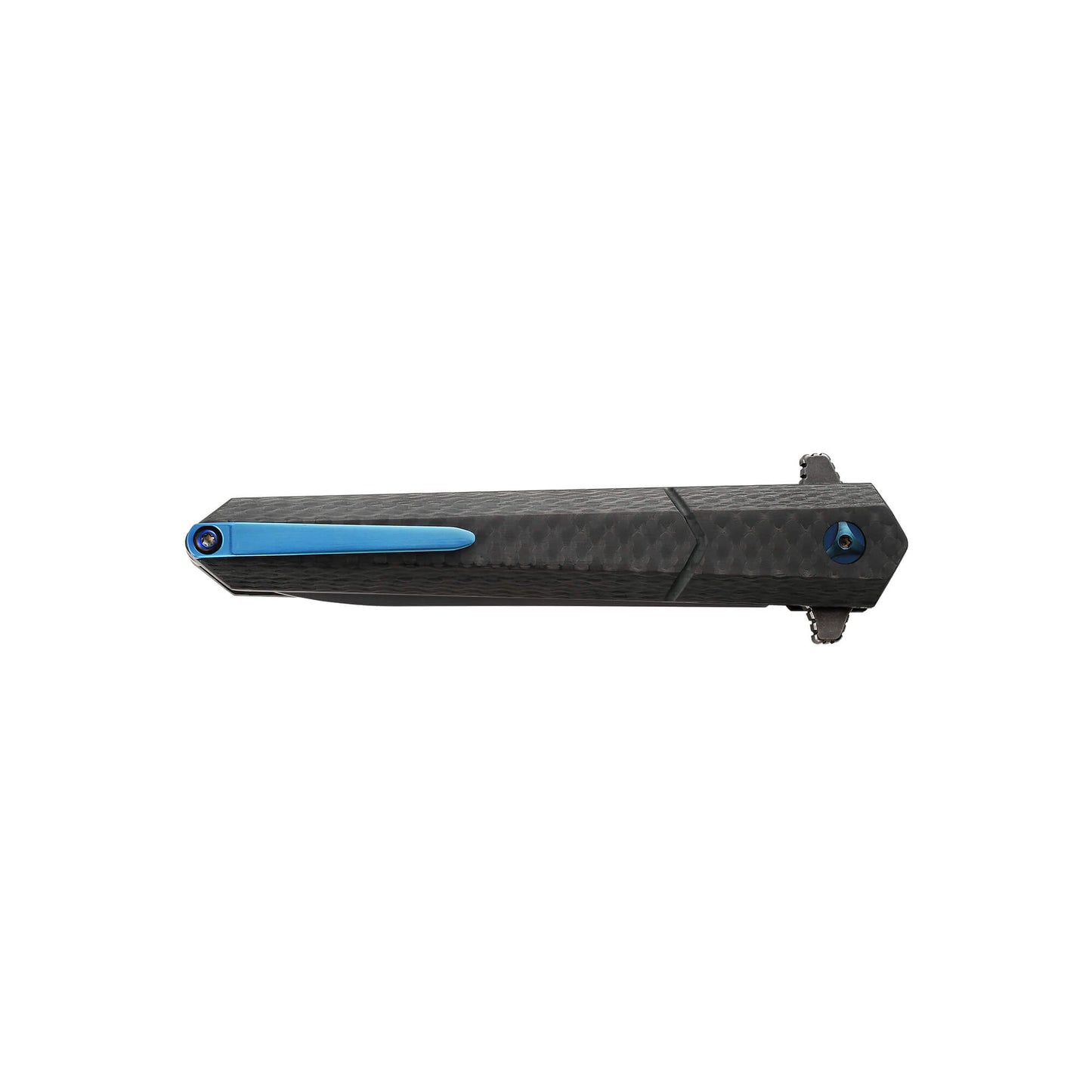 Black folding knife Trom from Mavik Gear with spear point D2 steel blade, Carbon Fiber handle, and hip clip.