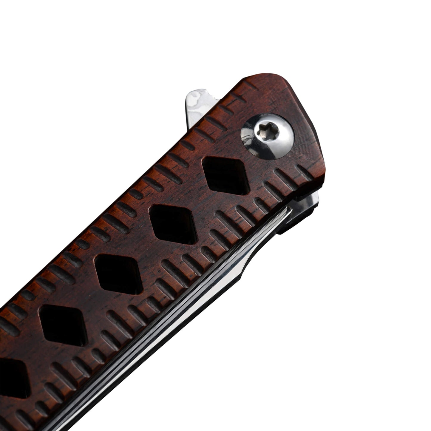 Folding knife Wooder from Mavik Gear with Damascus steel drop point blade, and unique handmade red Sandalwood handle.