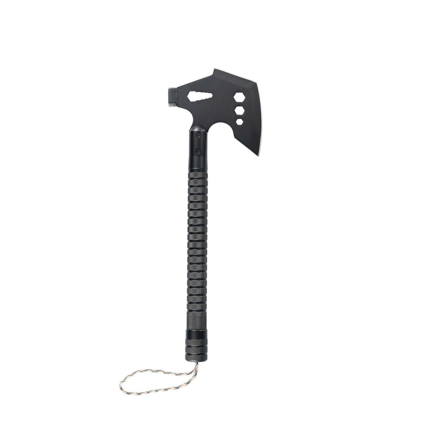 Tactical GRID-AX camping tool with Axe Knife, Wood Saw, Bottle Opener, Whistle, Flint Stone, Glass Breaker, Compass, Rope.