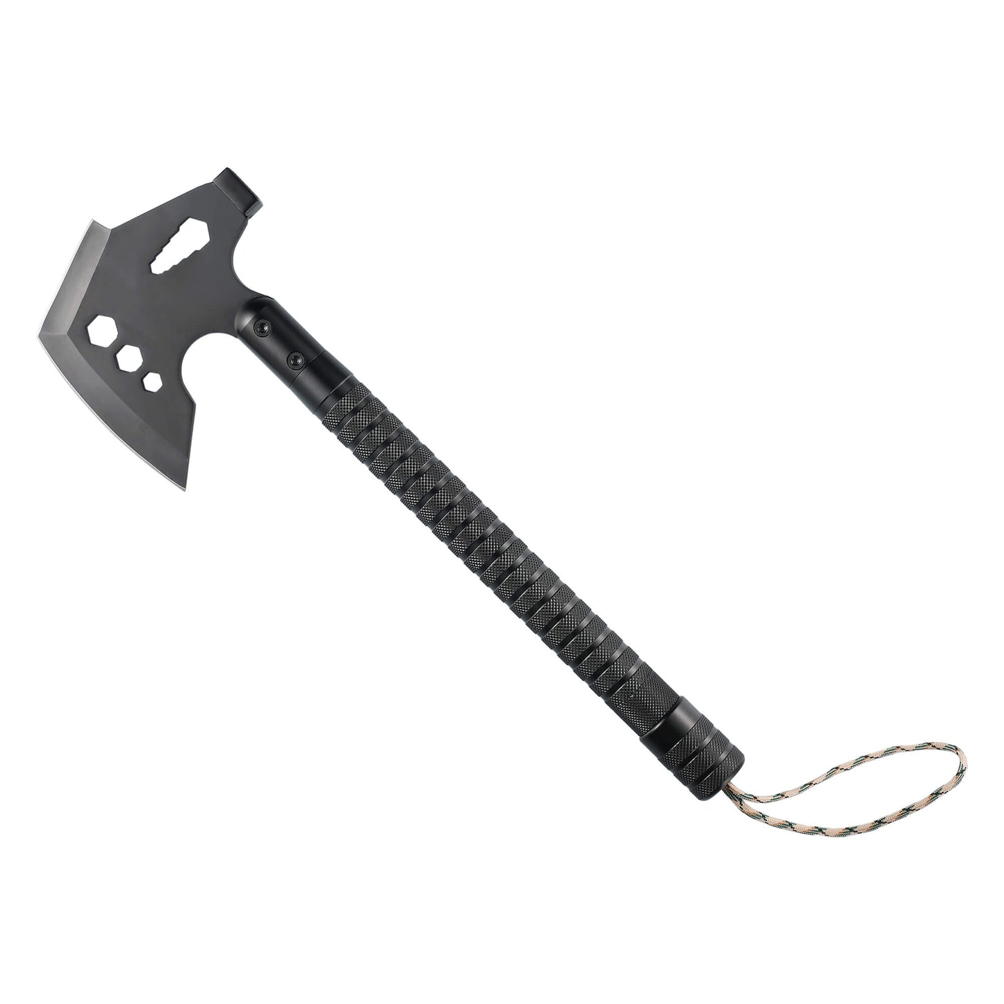 Tactical GRID-AX camping tool with Axe Knife, Wood Saw, Bottle Opener, Whistle, Flint Stone, Glass Breaker, Compass, Rope.
