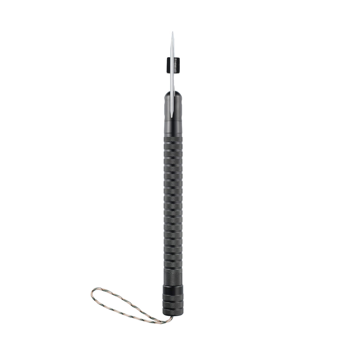 Tactical GRID-AX camping tool with Axe Knife, Wood Saw, Bottle Opener, Whistle, Flint Stone, Glass Breaker, Compass, Rope.