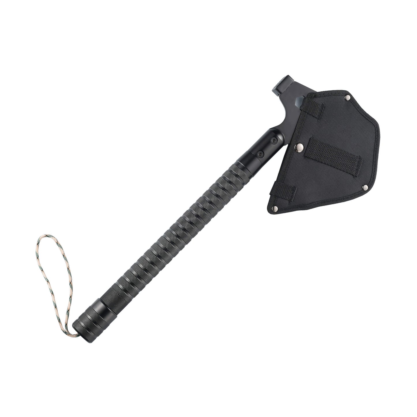 Tactical GRID-AX camping tool with Axe Knife, Wood Saw, Bottle Opener, Whistle, Flint Stone, Glass Breaker, Compass, Rope.