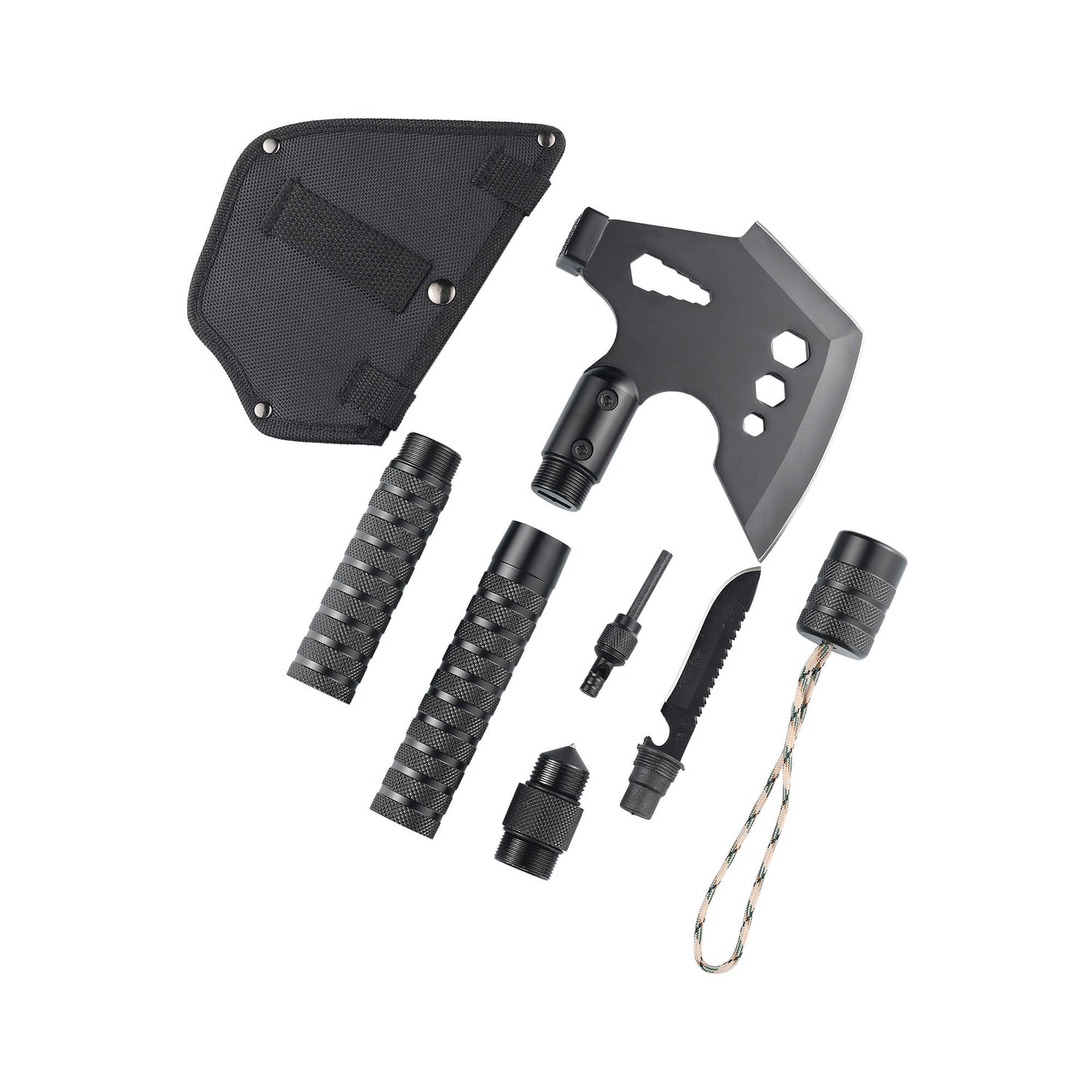 Tactical GRID-AX camping tool with Axe Knife, Wood Saw, Bottle Opener, Whistle, Flint Stone, Glass Breaker, Compass, Rope.