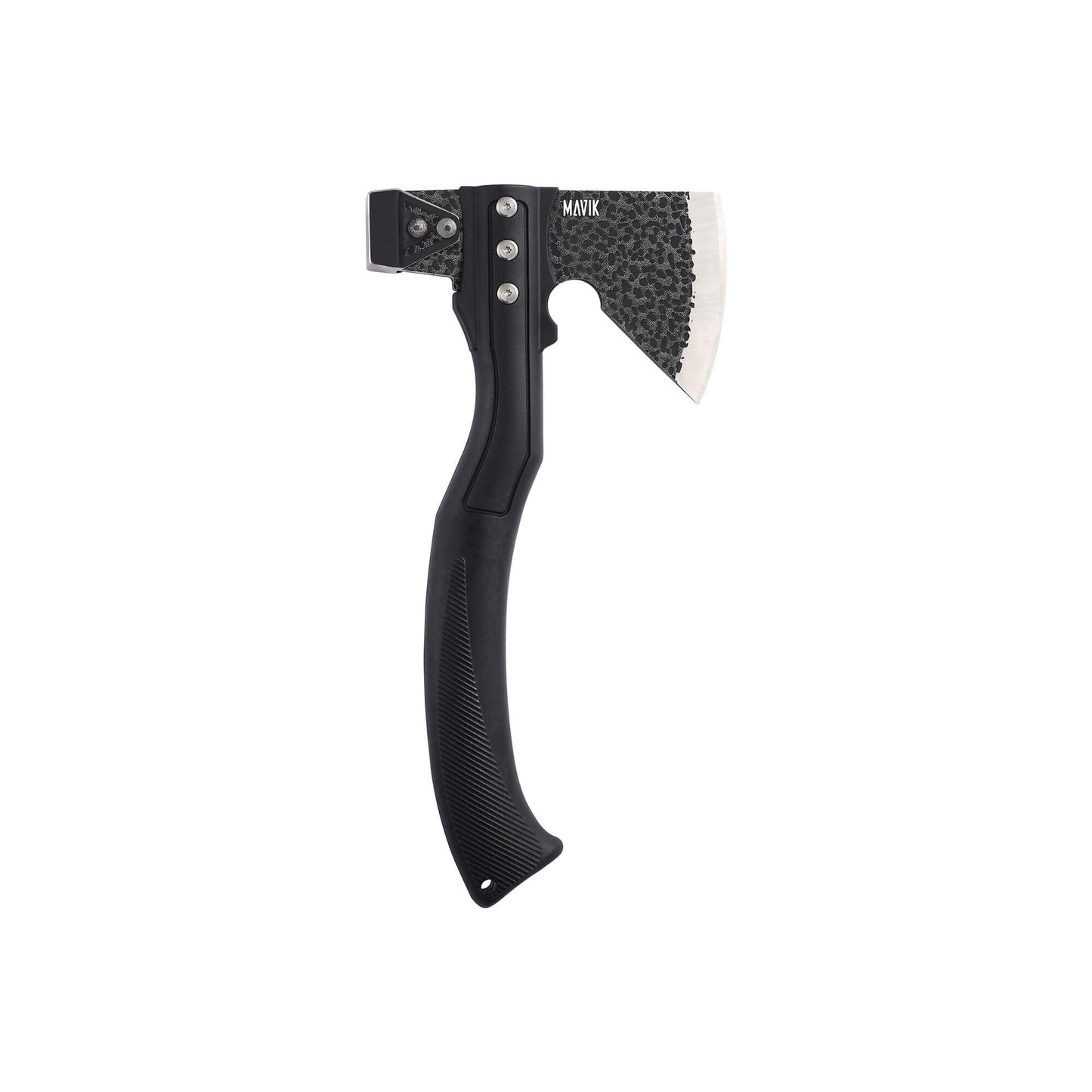 Black tactical Hammer AX, camping tool from Mavik Gear made of ABS, TPR, and Stainless Steel, with hammer on the back.