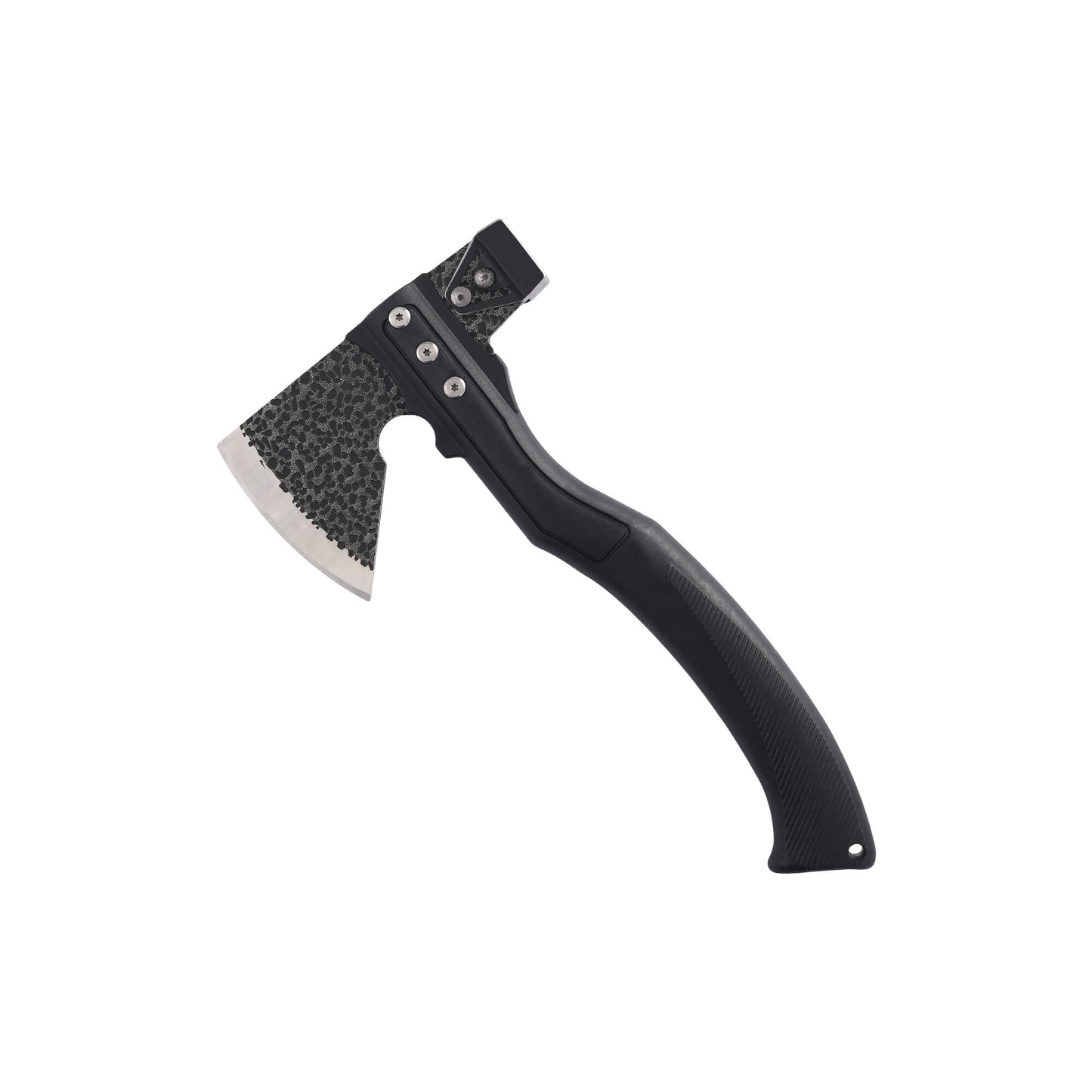 Black tactical Hammer AX, camping tool from Mavik Gear made of ABS, TPR, and Stainless Steel, with hammer on the back.