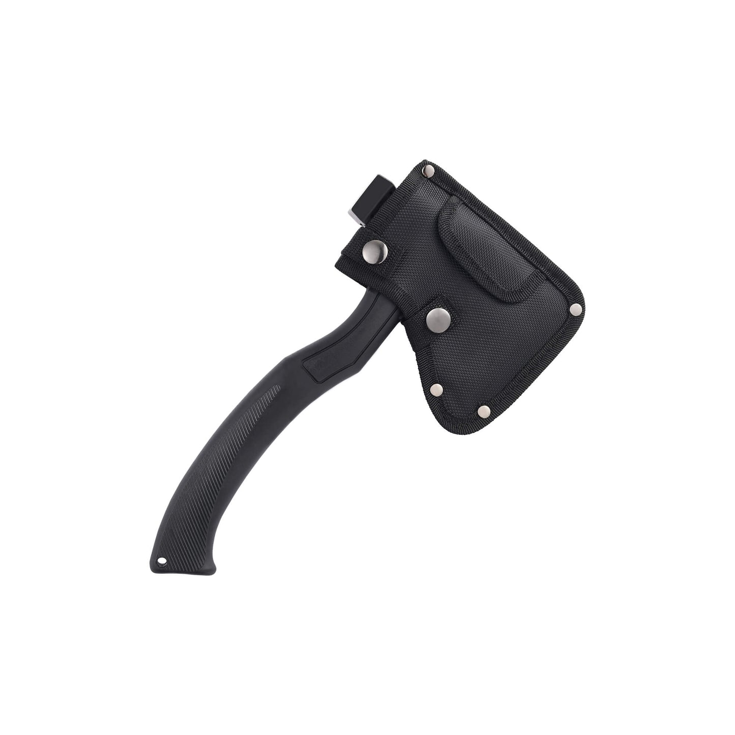 Black tactical Hammer AX, camping tool from Mavik Gear made of ABS, TPR, and Stainless Steel, with hammer on the back.